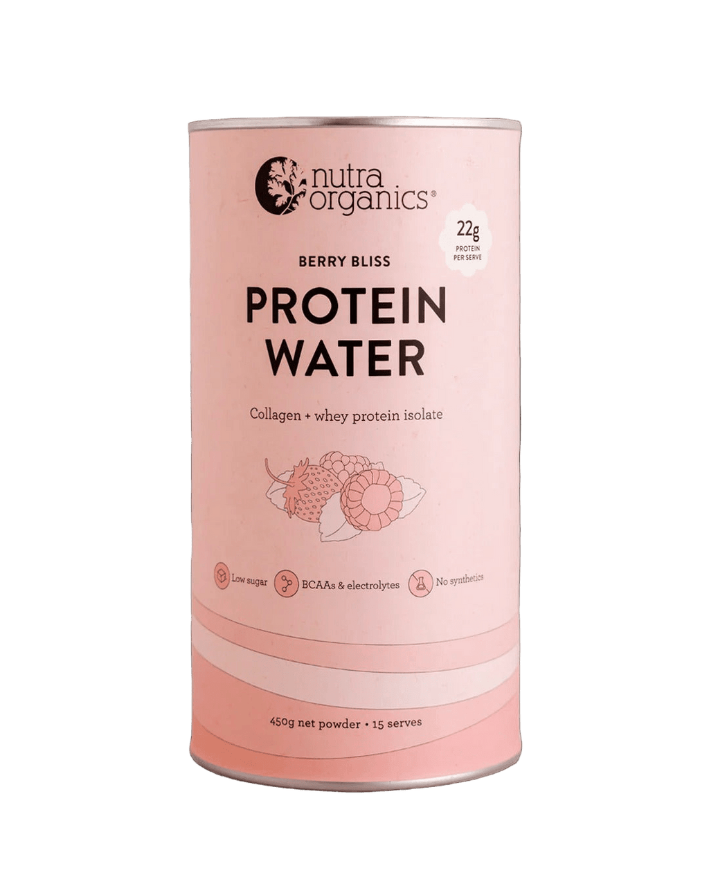 Nutra Organics Protein Water - Berry Bliss - 450g with collagen, whey protein, BCAAs, electrolytes, low sugar formula.