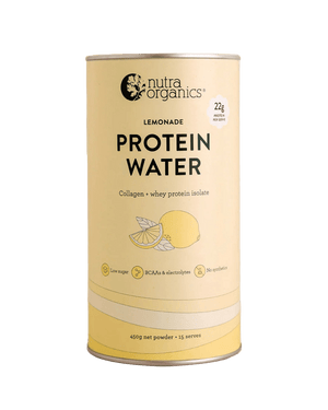 Nutra Organics Protein Water - Lemonade - 450g container with collagen and whey protein isolate in pastel yellow packaging