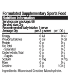 Nutrition information label for Pure Creatine - 200g by BSc Supplements, listing zero calories and creatine content.