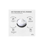 Pure Potassium Chloride Powder - 400g shown with key features including food grade, stabilizer, and sodium reduction by Orku