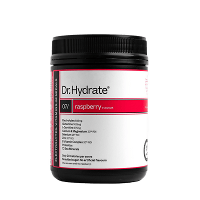Raspberry Jar - 30 Serves by Dr. Hydrate, electrolyte powder with vitamins, minerals, and probiotics for hydration support.