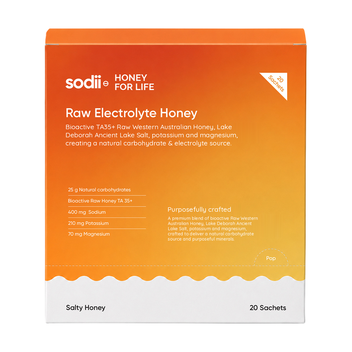 Sodii Raw Electrolyte Honey box of 20 sachets, Salty Honey, front
