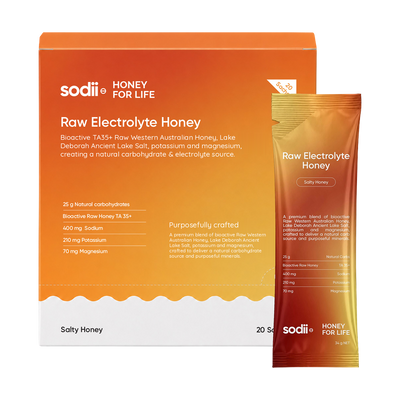 Sodii Raw Electrolyte Honey box of 20 sachets with a single sachet, Salty Honey
