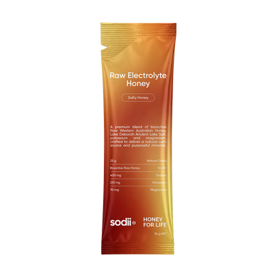 Single 34 g sachet of Sodii Raw Electrolyte Honey, Salty Honey