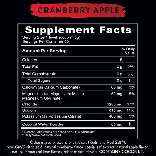 Supplement facts for Re-Lyte Electrolyte Mix - Cran Apple - Tub - 60 Serves - Limited Edition showing nutrient amounts per serving.