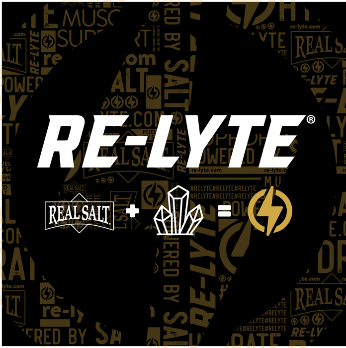 Re-Lyte Hydration - Grape - Tub - 60 Serves logo with Real Salt and crystal graphics on black and gold background