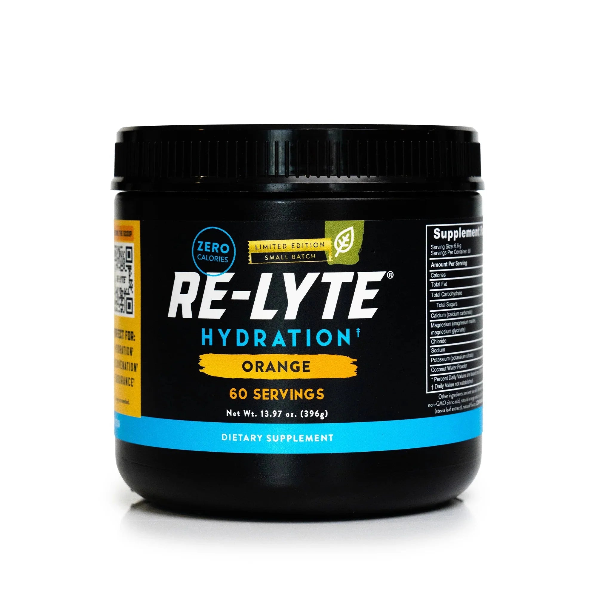 Re-Lyte Electrolyte Mix - Orange - Tub - 60 Serves - Limited Edition in black container with blue and yellow label