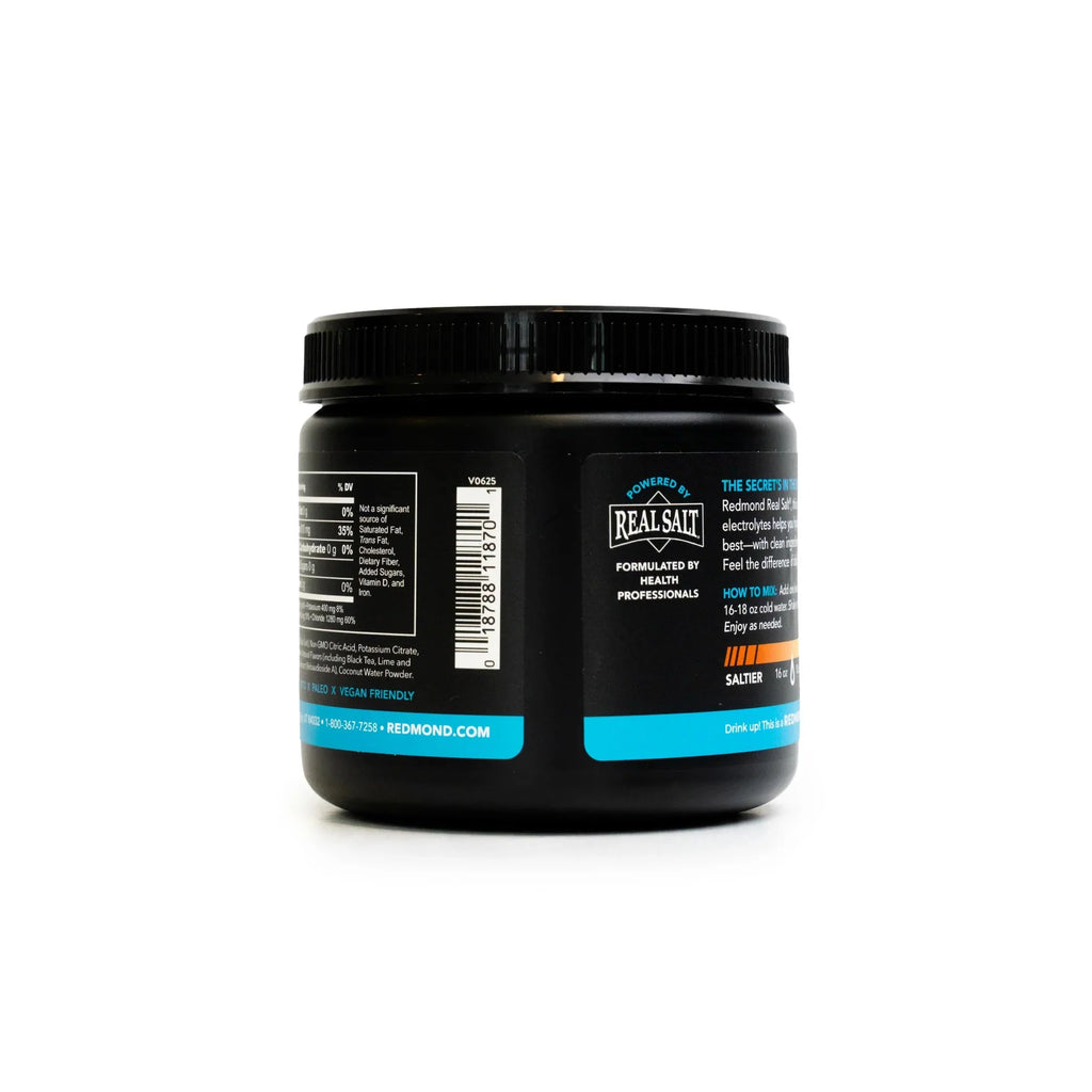 Re-Lyte Electrolyte Mix - Salty Palmer - Tub - 60 Serves - Limited Edition showing nutrition facts and Redmond salt branding