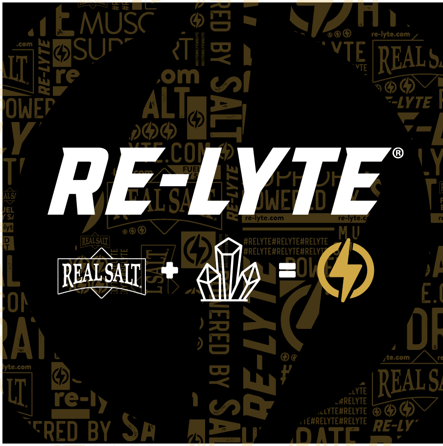 Re-Lyte Hydration- Strawberry Lemonade - Tub - 60 Serves logo with salt and crystal icons on black and gold background