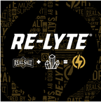 Re-Lyte Hydration- Strawberry Lemonade - Tub - 60 Serves logo with salt and crystal icons on black and gold background