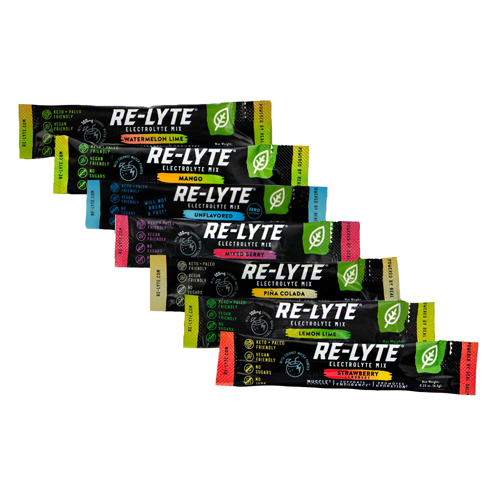 Re-Lyte® Hydration Variety Pack (7 ct.) showing colorful electrolyte mix sticks by Re-Lyte from Drinks and Electrolytes collections