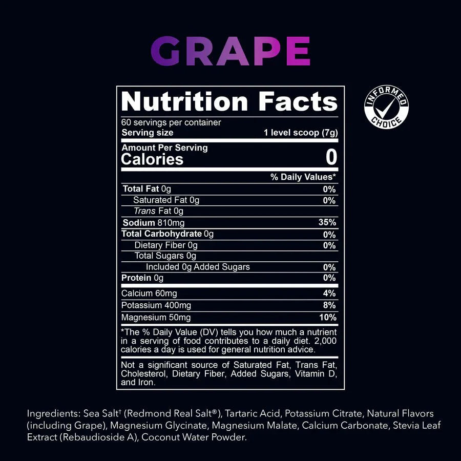 Nutrition facts and ingredients label for Re-Lyte Hydration - Grape - Tub - 60 Serves showing electrolytes and zero calories.
