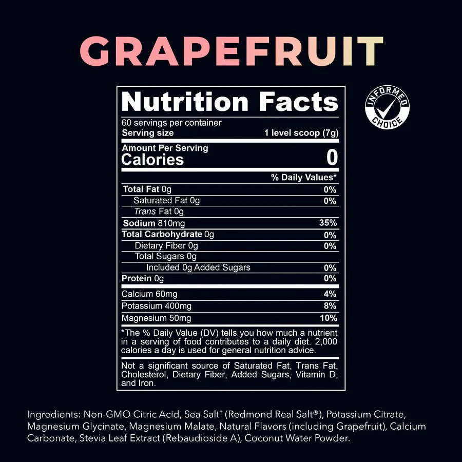 Nutrition facts and ingredients for Re-Lyte Hydration - Grapefruit - Tub - 60 Serves including electrolytes and natural flavors.
