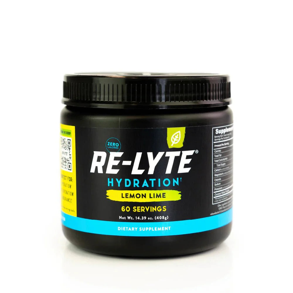 Re-Lyte Hydration - Lemon Lime - Tub - 60 Serves dietary supplement jar with black lid and blue and yellow label design