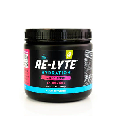 Re-Lyte Hydration - Mixed Berry - Tub - 60 Serves dietary supplement in black container with blue and pink label accents