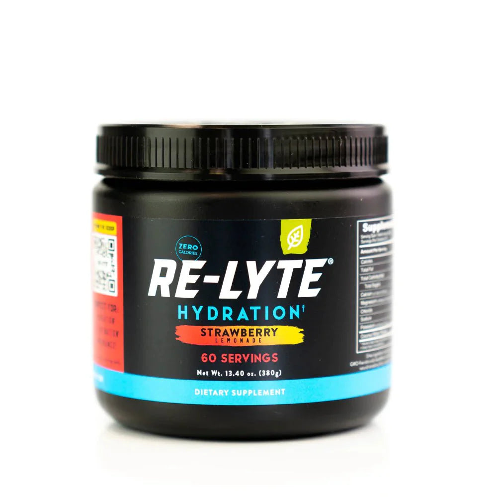 Re-Lyte Hydration- Strawberry Lemonade - Tub - 60 Serves dietary supplement with black lid and colorful label on white background