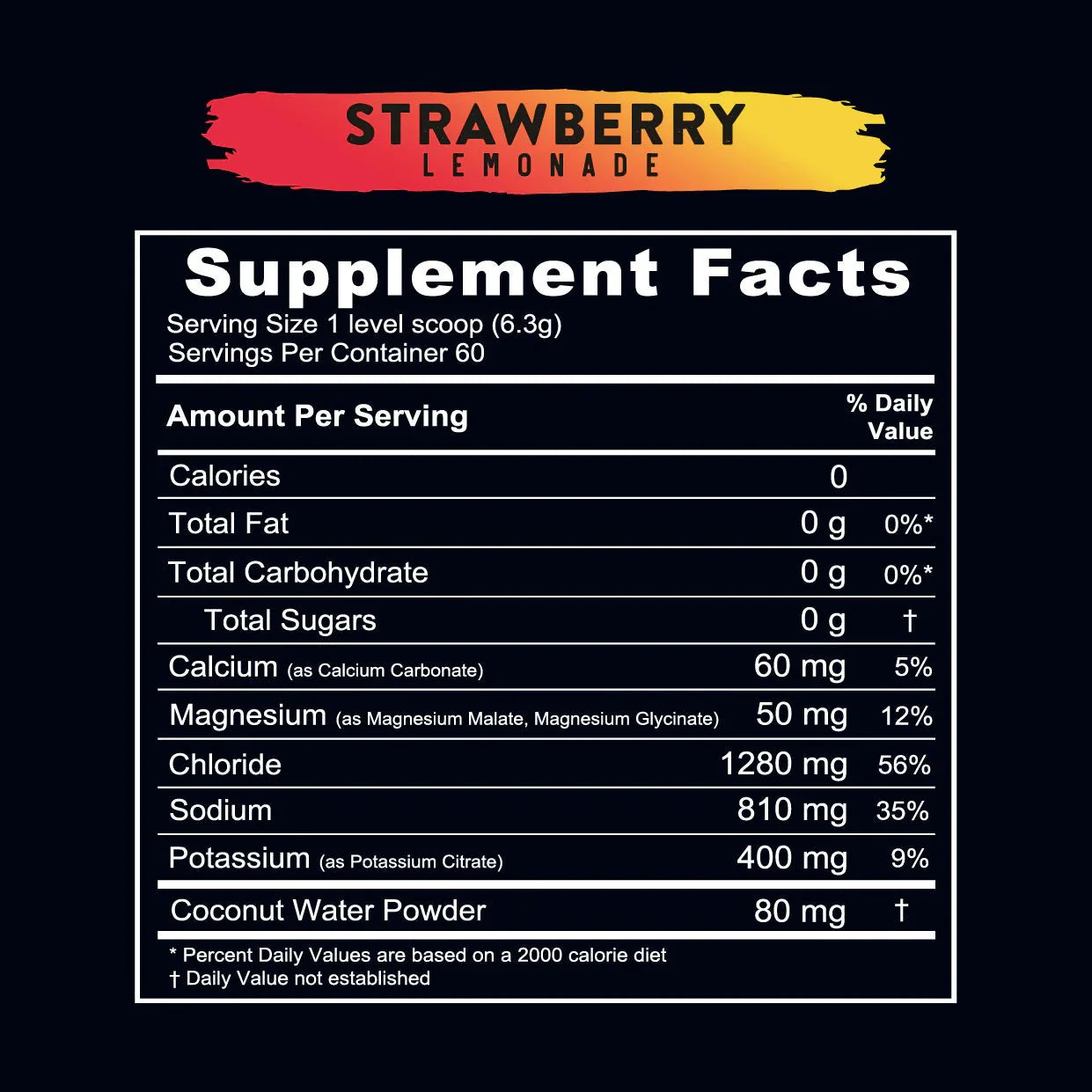 Supplement facts label for Re-Lyte Hydration- Strawberry Lemonade - Tub - 60 Serves showing electrolyte and mineral content per serving.