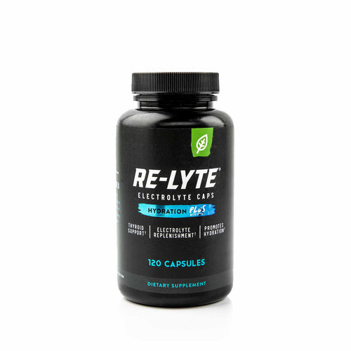 Re-Lyte Hydration Plus Caps - 120 Capsules black bottle with electrolyte support, hydration, and thyroid benefits label