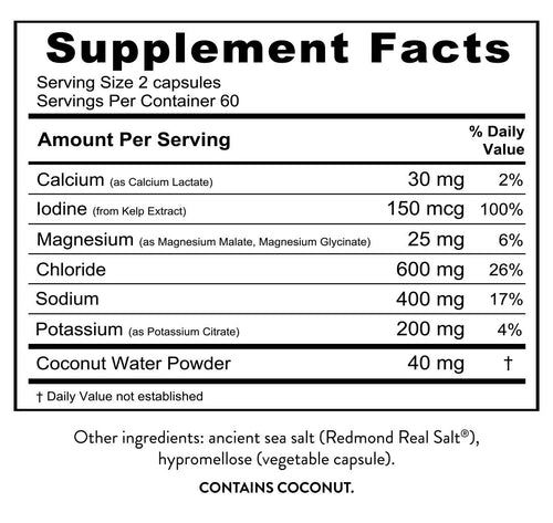 Supplement facts label for Re-Lyte Hydration Plus Caps - 120 Capsules showing minerals like calcium, iodine, magnesium, sodium, and potassium.