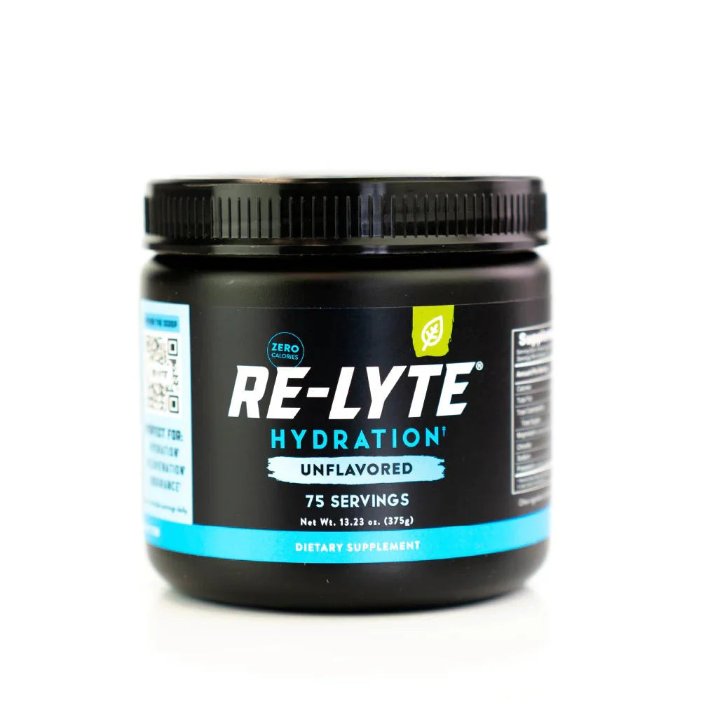 Re-Lyte Hydration - Unflavoured - Tub - 75 Serves dietary supplement container with black lid and blue label highlights