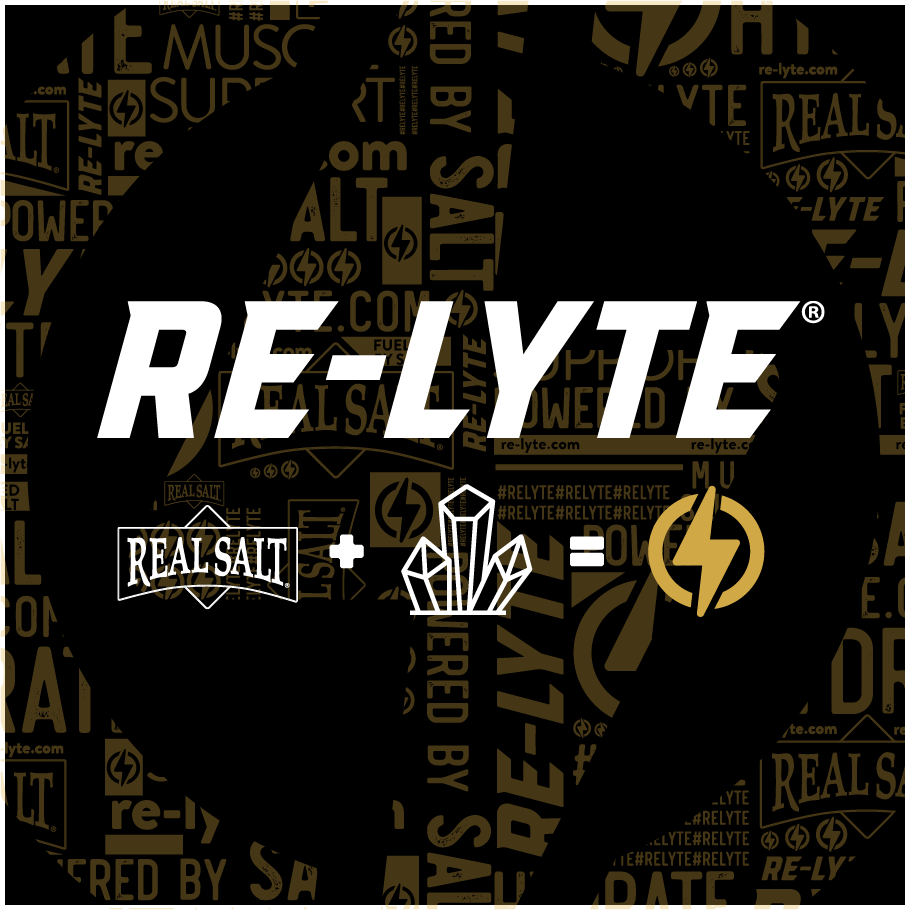 Re-Lyte Hydration - Unflavoured - Tub - 75 Serves logo with Real Salt and crystal icons on black and gold background