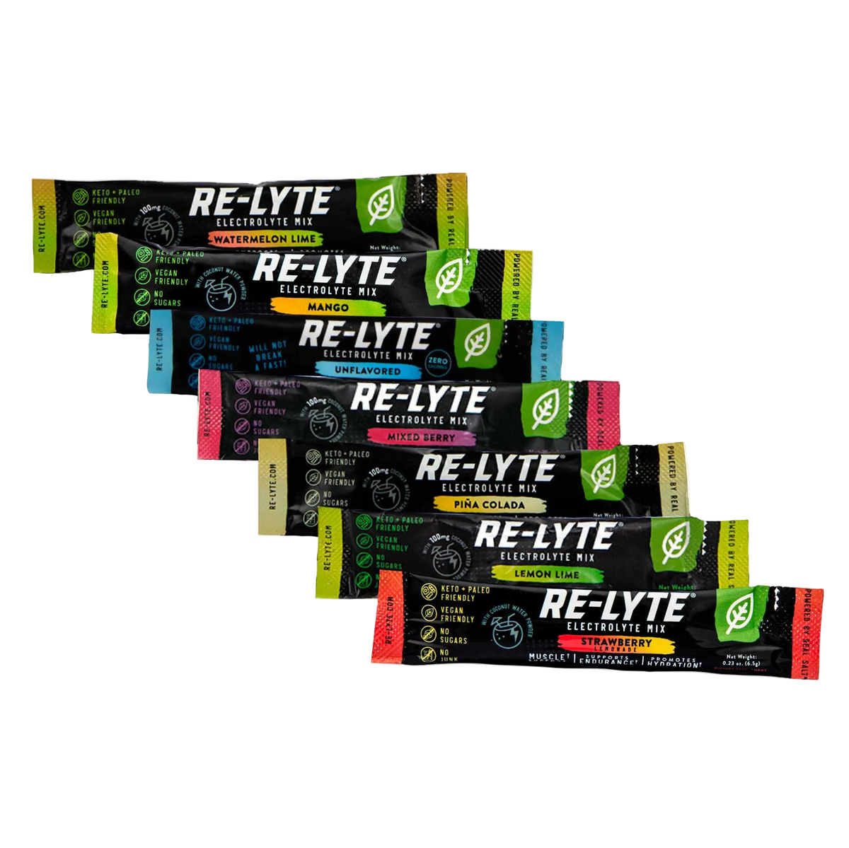 Seven colorful RE-LYTE electrolyte mix sticks in assorted flavors arranged diagonally on a black background, showing vibrant packaging details and hydration benefits.