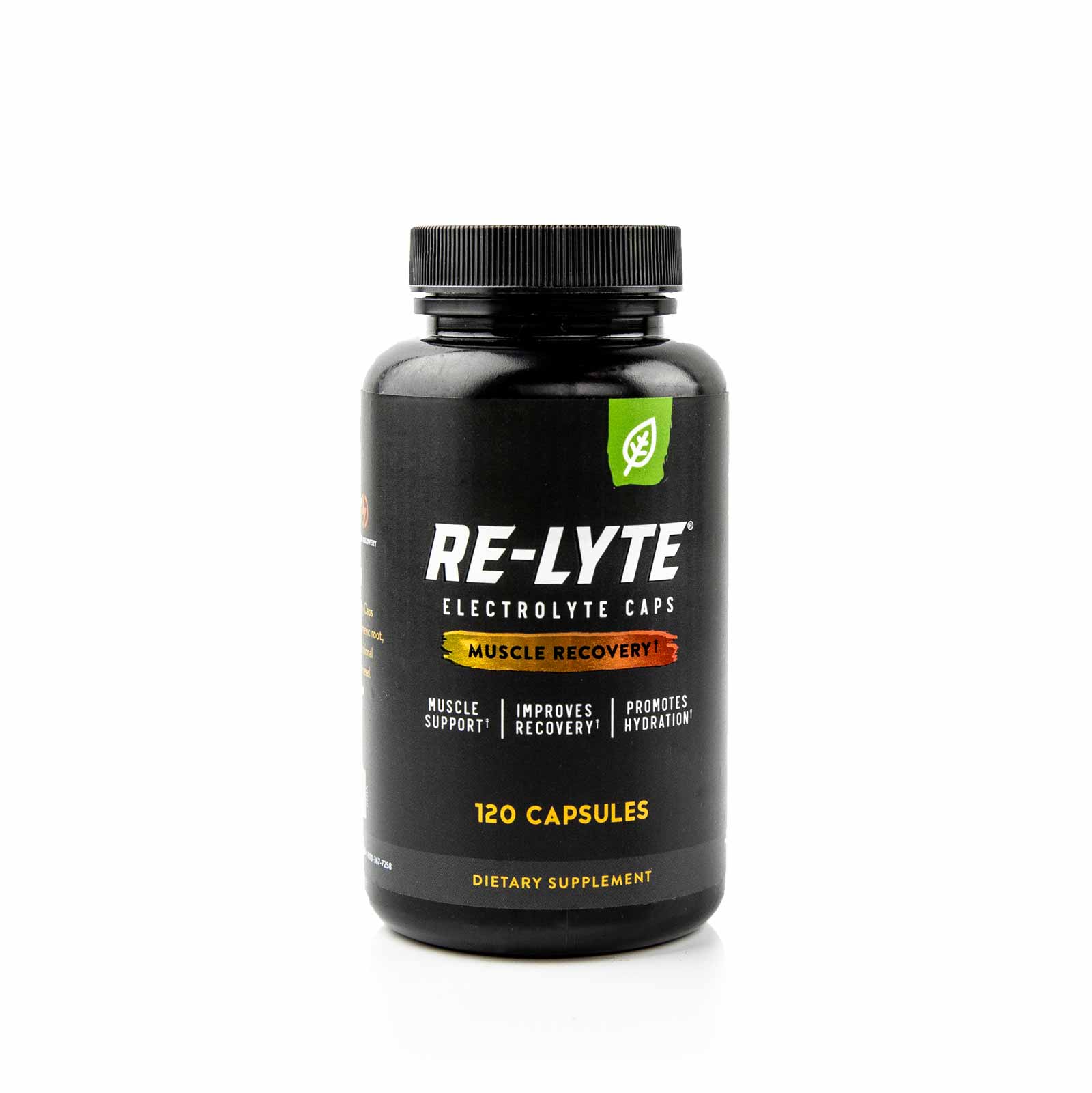 Re-Lyte Muscle Recovery Caps- 120 Capsules black bottle with label highlighting muscle support and hydration benefits