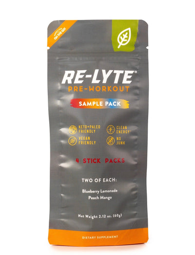 Re-Lyte Pre-Workout Sample Pack - 4 Sticks with vegan, keto-friendly pre-workout sticks in blueberry lemonade and peach mango flavors