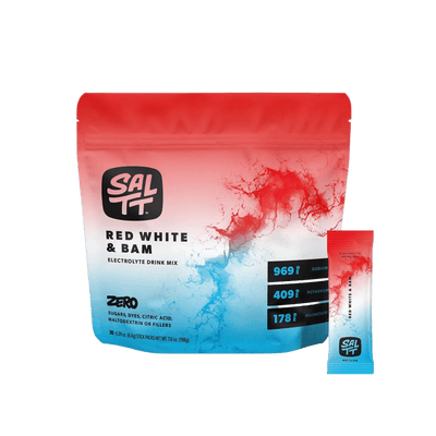 Red White & Bam - 30 Sticks electrolyte drink mix by SALTT in red and blue resealable pouch with individual stick packet.