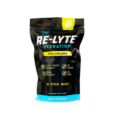 ReLyte Hydration - Pina Colada - Stick Packs x 30 pouch highlighting keto, paleo, vegan friendly electrolyte supplement benefits