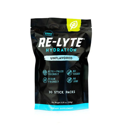 ReLyte Hydration - Unflavoured - Stick Packs x 30 package showing keto, paleo, vegan friendly benefits and zero calories