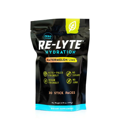 ReLyte Hydration - Watermelon Lime - Stick Packs x 30 black pouch with hydration benefits and zero calories label