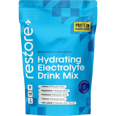 Restore Electrolyte Drink Mix Blue Raspberry 240g by Protein Supplies Australia in Drinks and Electrolytes collections.
