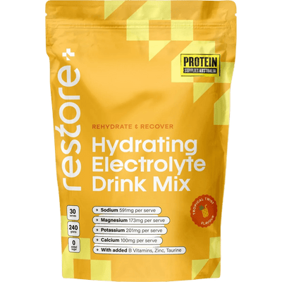 Restore Electrolyte Drink Mix Tropical Twist 240g hydration mix by Protein Supplies Australia for drinks and electrolytes.