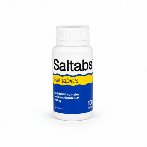 A white plastic bottle of Saltabs salt tablets with a white cap, featuring a label with blue and yellow sections and black text.