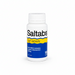 A white plastic bottle of Saltabs salt tablets with a white cap, featuring a label with blue and yellow sections and black text.