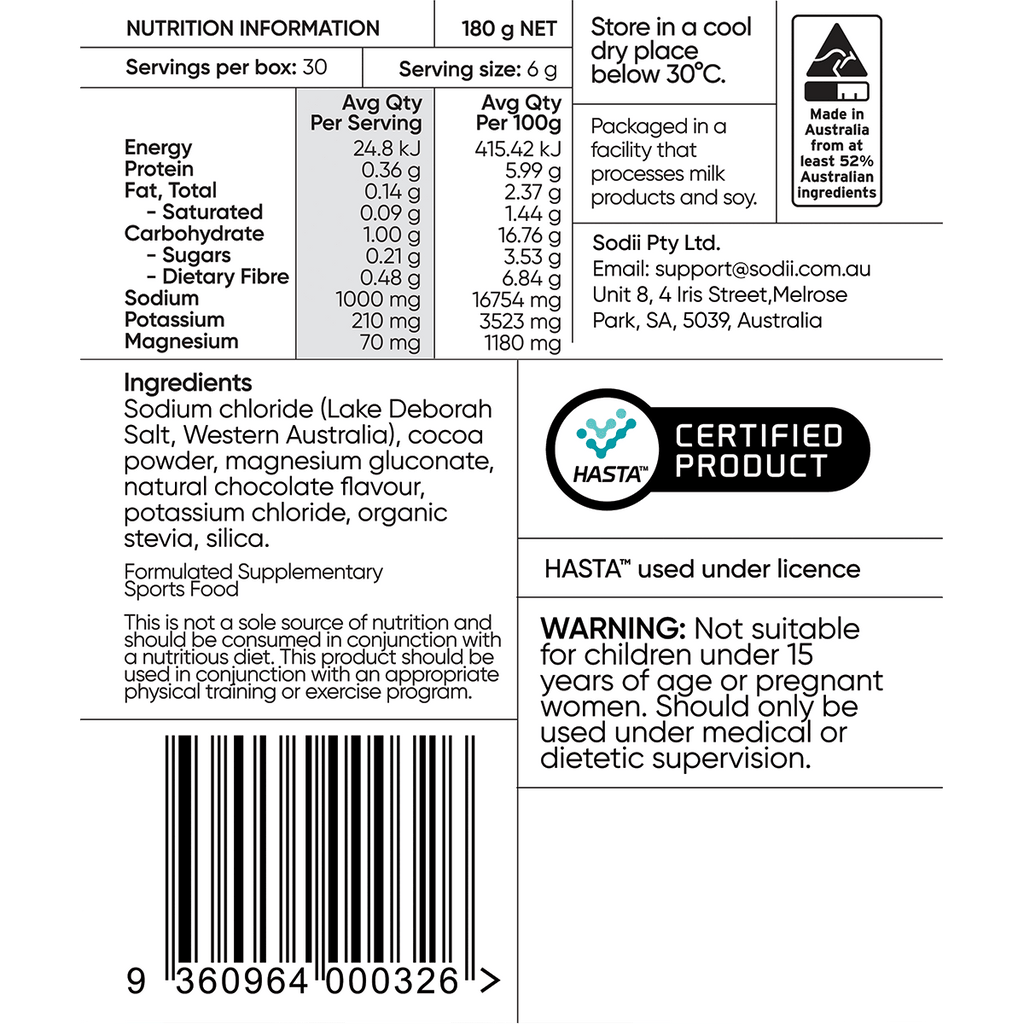Nutrition facts, ingredients, and safety warning for Sodii Salty Chocolate - 30 Sachets, a keto-friendly, low carb electrolyte supplement made in Australia.