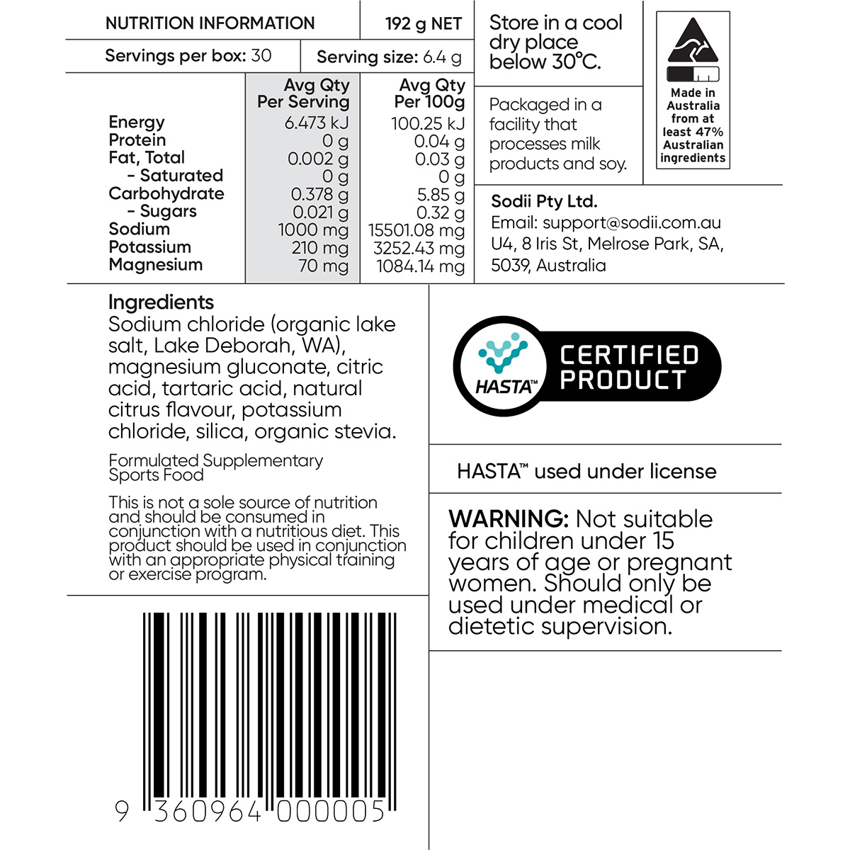 Salty Citrus - 30 Sachets nutrition facts, ingredients, and certification details from Sodii with usage and warning information.