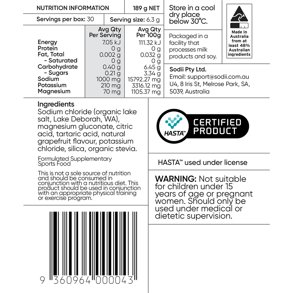Nutrition label and ingredient details for Salty Grapefruit - 30 Sachets by Sodii, a certified functional electrolyte product.