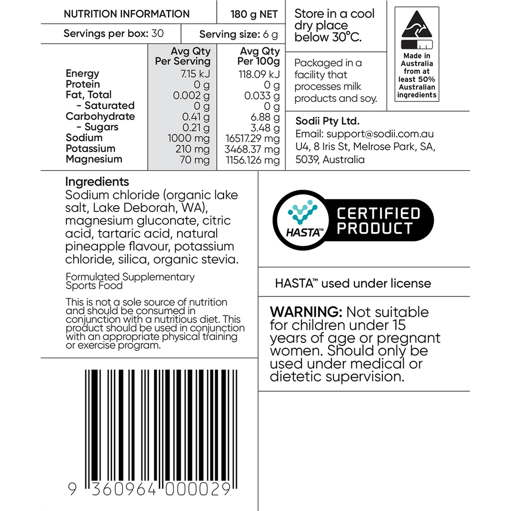 Salty Pineapple - 30 Sachets nutrition label by Sodii, showing ingredients, minerals, and certification details.