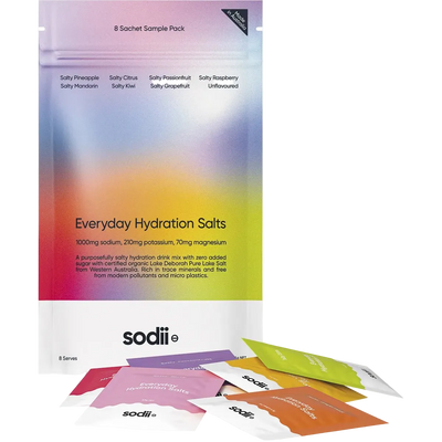 Sodii Salty Variety Pack - 8 Sachets with colorful electrolyte sachets for hydration, part of Drinks and Electrolytes collections.