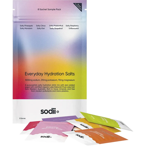 Sodii Salty Variety Pack - 8 Sachets with colorful electrolyte sachets for hydration, part of Drinks and Electrolytes collections.