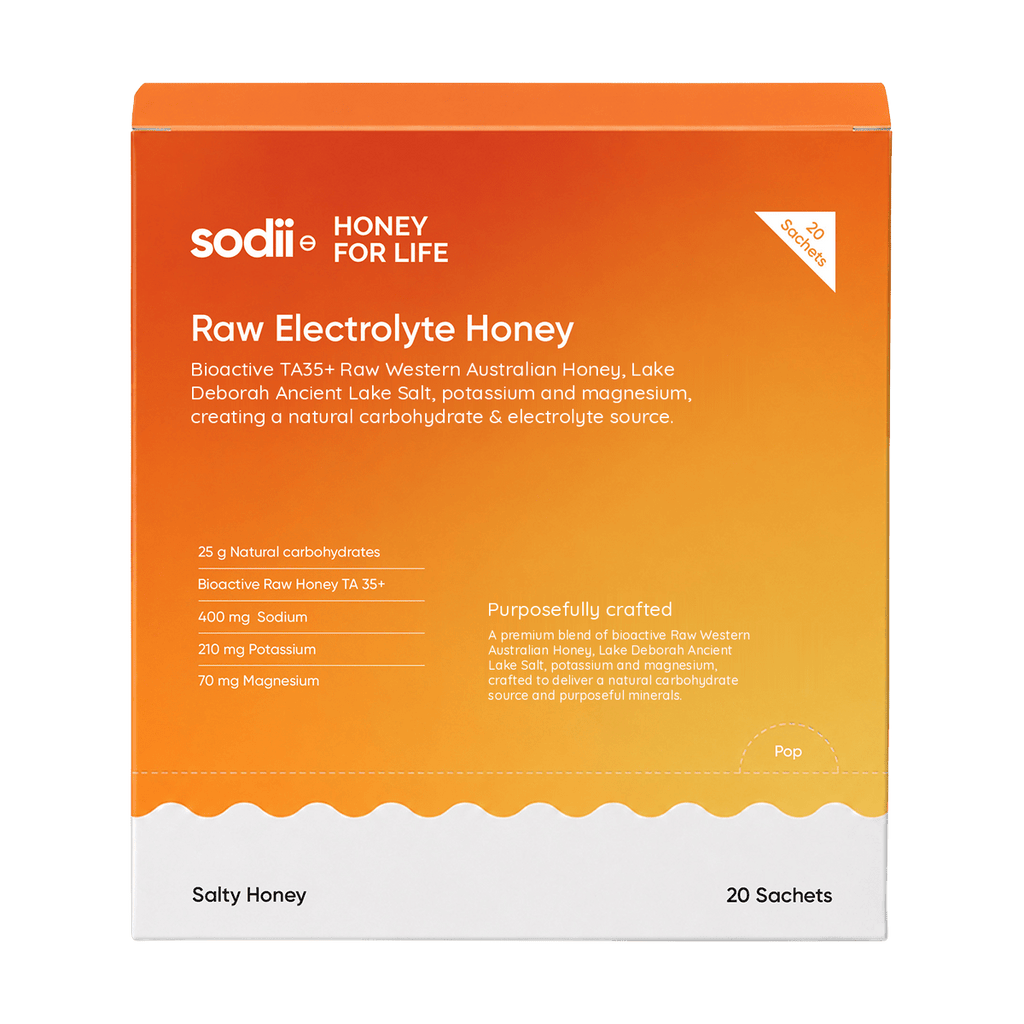 Sodii Raw Electrolyte Honey box of 20 sachets, Salty Honey, front