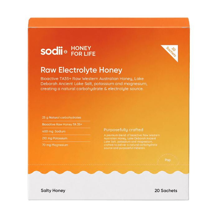 Sodii Raw Electrolyte Honey box of 20 sachets, Salty Honey, front