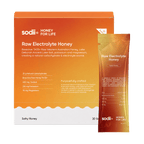 Sodii Raw Electrolyte Honey box of 20 sachets with a single sachet, Salty Honey