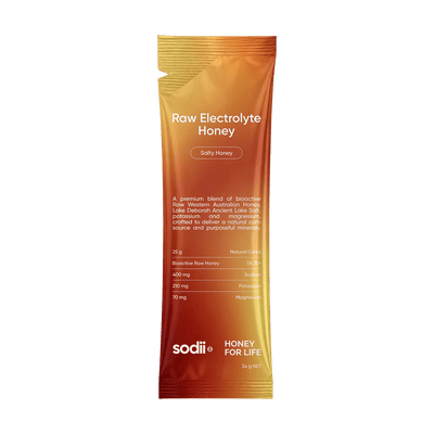 Single 34 g sachet of Sodii Raw Electrolyte Honey, Salty Honey
