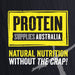 Protein Supplies Australia logo on black background with slogan Natural Nutrition Without The Crap in yellow and white text