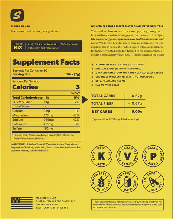 Stoked Mango Electrolyte Drink Mix - 30 Sticks supplement facts and benefits label by SALTT in yellow packaging
