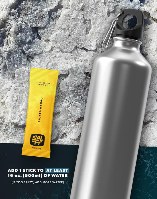 Stoked Mango Electrolyte Drink Mix - 30 Sticks by SALTT shown with silver bottle on textured background