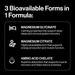 Three bioavailable forms of magnesium in a formula with text descriptions on a black background.